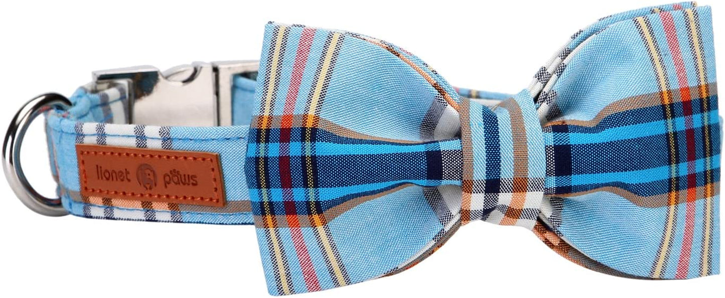 Boy Dog Collar with Bowtie, Comfortable Adjustable Cute Blue Plaid Bow Tie Collar for Male Dogs Gift, Large, Neck 16-24 Inches