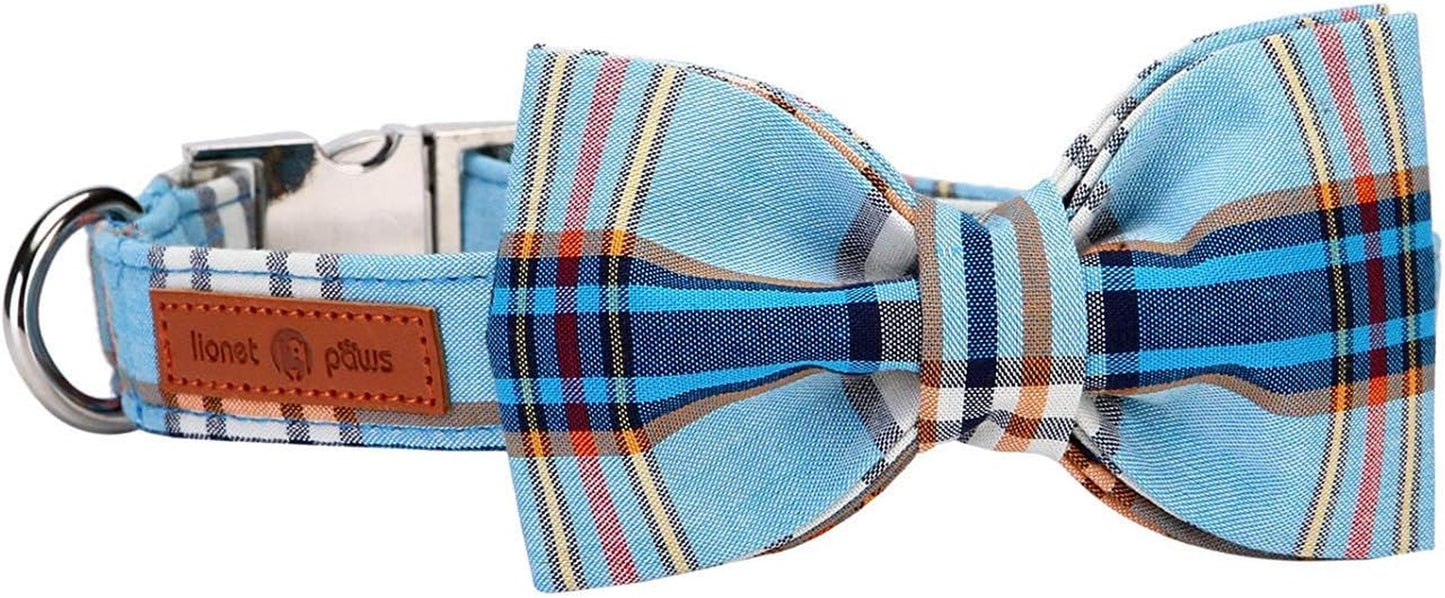 Boy Dog Collar with Bowtie, Comfortable Adjustable Cute Blue Plaid Bow Tie Collar for Male Dogs Gift, Large, Neck 16-24 Inches