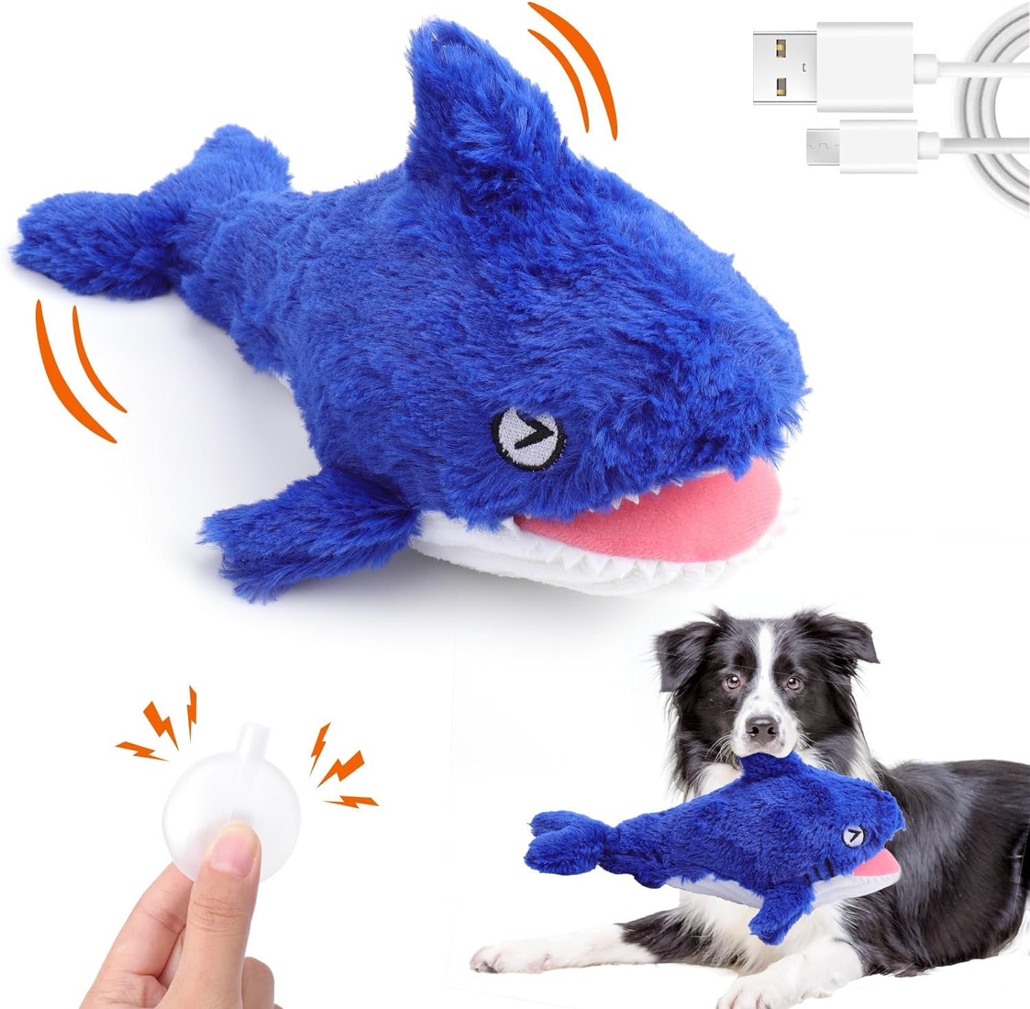 2 in 1 Interactive Dog Toys, Shark Dog Toy to Keep Them Busy, Plush Squeaky Dog Toys, Rechargeable Wiggly Fish Blue Dog Toys for Small Medium Large Dogs, Moving Dog Toys for Indoor&Outdoor