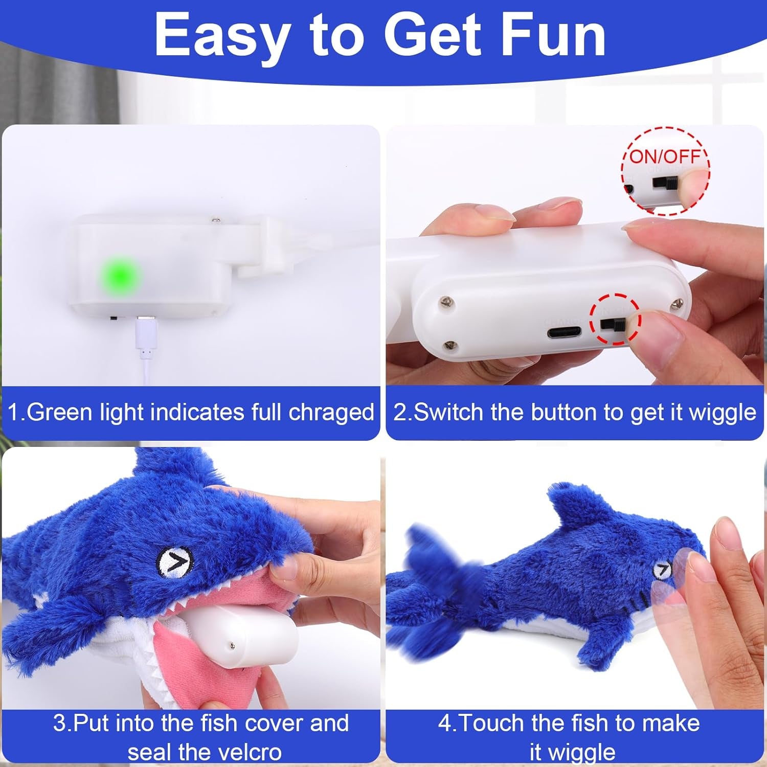 2 in 1 Interactive Dog Toys, Shark Dog Toy to Keep Them Busy, Plush Squeaky Dog Toys, Rechargeable Wiggly Fish Blue Dog Toys for Small Medium Large Dogs, Moving Dog Toys for Indoor&Outdoor